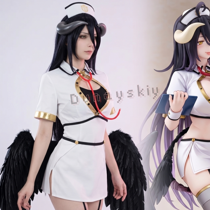Anime Cosplay Nurse - โอเวอร์ลอร์ด อัลเบโด้ โกธิค เอนเจิล นার์สคอสเพลย์เครื่องแต่งกายมินิเดรสสีดำปีกมืดอุปกรณ์เสริมผู้หญิงปาร์ตี้ฮาโลวีนชุดยูนิฟอร์