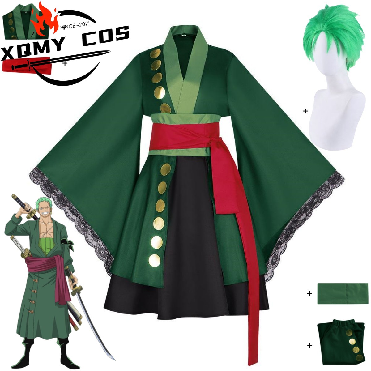 Anime Zoro Cosplay Female - ชุดคอสเพลย์โรโรโนอา โซโล จากอนิเมะ XqAnime ชุดกิโมโนญี่ปุ่นสีเขียวสไตล์โลลิต้า กระโปรง