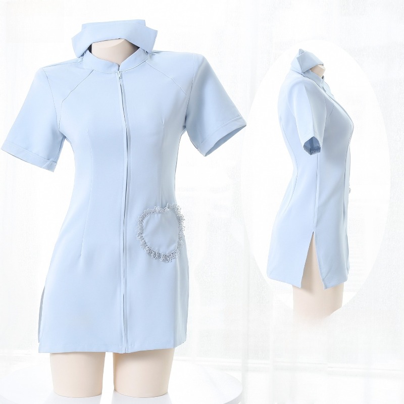 Anime Cosplay Nurse - อะนิเมะพยาบาลคอสเพลย์เครื่องแต่งกายน่ารักสีฟ้าแขนสั้นชุดเครื่องแบบพร้อมหมวกชุดสำหรับผู้หญิงชุดนอนสวมใส่ที่บ้านชุดสวมบทบาท