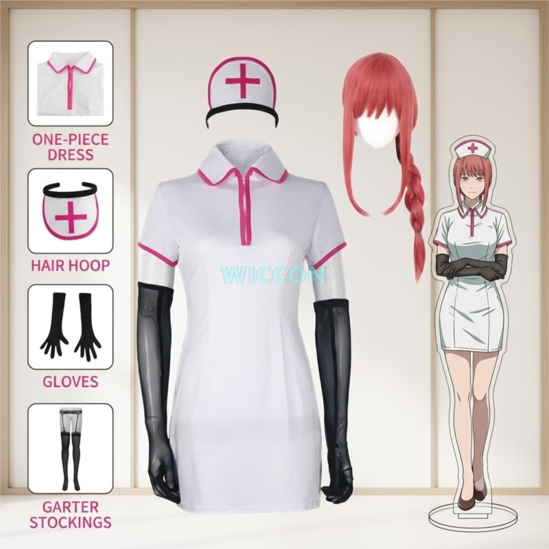 Anime Cosplay Nurse - อะนิเมะเชนโซว์แมนคอสเพลย์เครื่องแต่งกายมาคิมะ พาวเวอร์เซ็กซี่ชุดพยาบาลวิกผมถุงมือถุงน่องชุดฮาโลวีนชุดปาร์ตี้