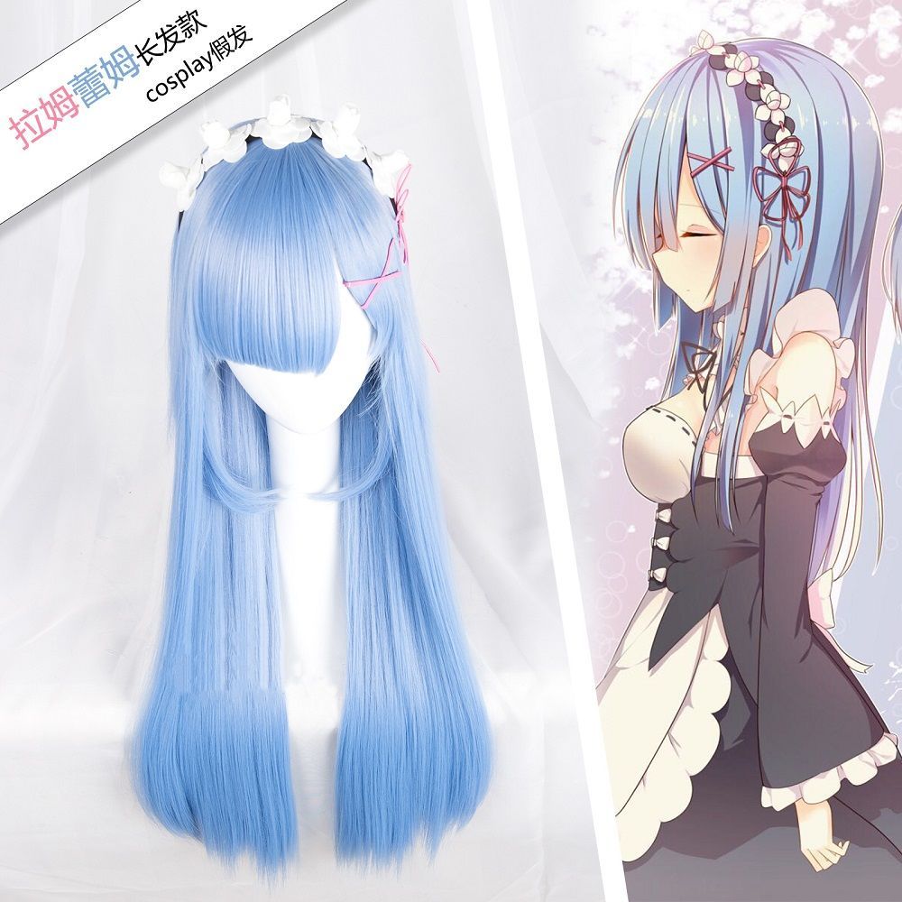 Re Zero Rem Wig - วิกผมคอสเพลย์เรซีโร่ ราม&เร็มรุ่นผู้ใหญ่ ผมยาวตรง ชุดวิกผมแม่บ้านคู่แบบเต็ม