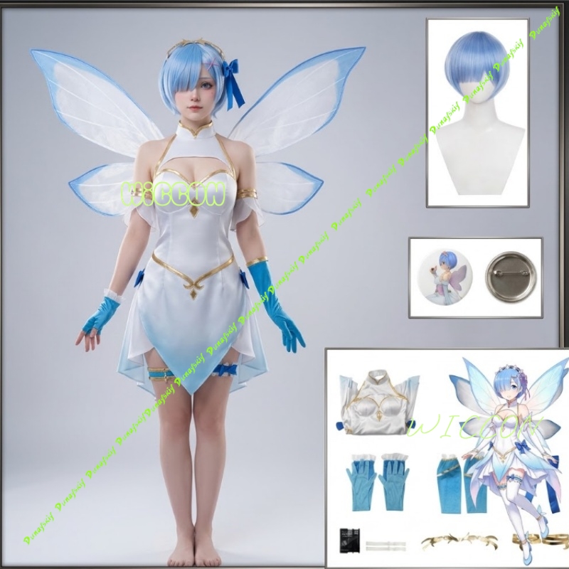 Re Zero Rem Wig - ชุดคอสเพลย์เรเซโร่ เรม นางฟ้าดอกไม้ พร้อมชุดธีมดอกไม้และวิกผมตัวละคร สำหรับงานฮาโลวีน คอมมิคคอน