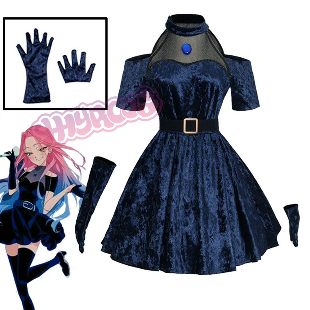 Anime Cosplay Long Hair - Mizi คอสเพลย์อะนิเมะ Alien Stage เครื่องแต่งกายชุดสีน้ําเงินเข้มสีชมพูยาวผมถุงมือถุงน่องชุดเข็มขัดชุดสําหรับคริสต์มาส
