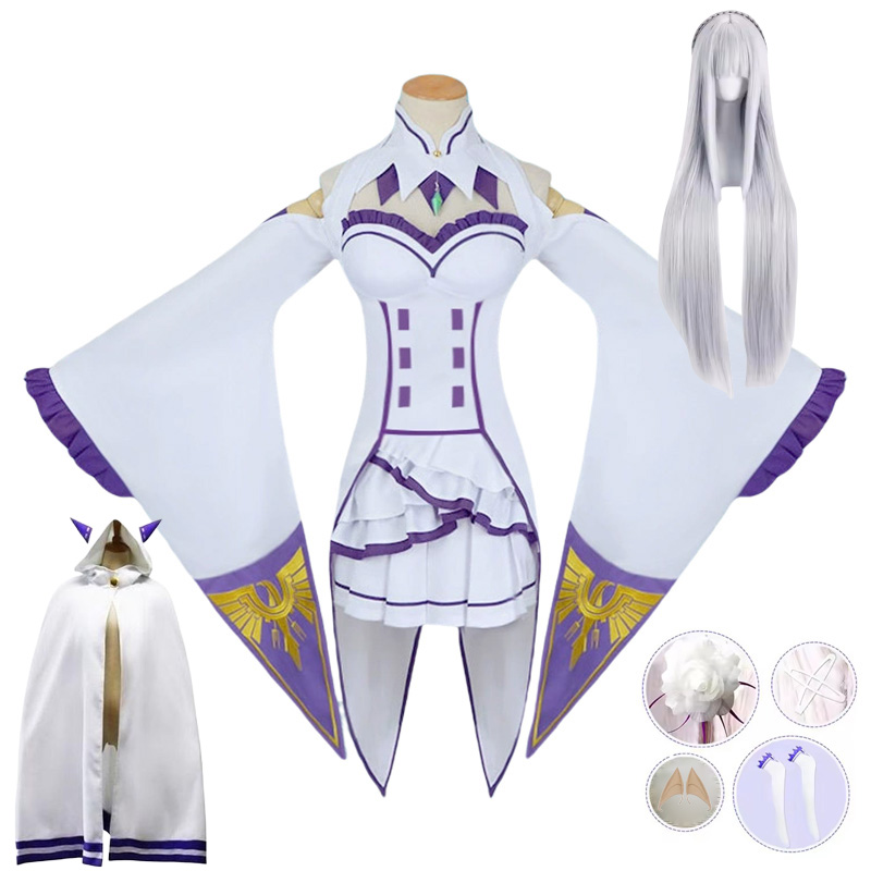 Anime Cosplay Re Zero - ชุดคอสเพลย์เอมิเลีย รีไลฟ์ในโลกต่างแดนจากเรื่องศูนย์ ชุดคอสเพลย์เอมิเลีย วิกผม ชุดเดรสผู้หญิง ชุดยูนิฟอร์ม