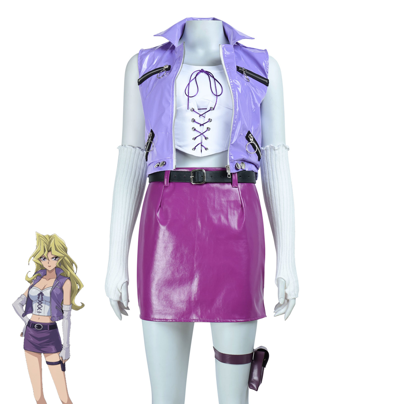 Anime Cosplay Youtube - ชุดคอสเพลย์ยูกิโอ ไม วาเลนไทน์, ชุดไม คุจักคุพร้อมแขนเสื้อ, เสื้อกั๊กและกระโปรงหนังเทียมสีม่วง