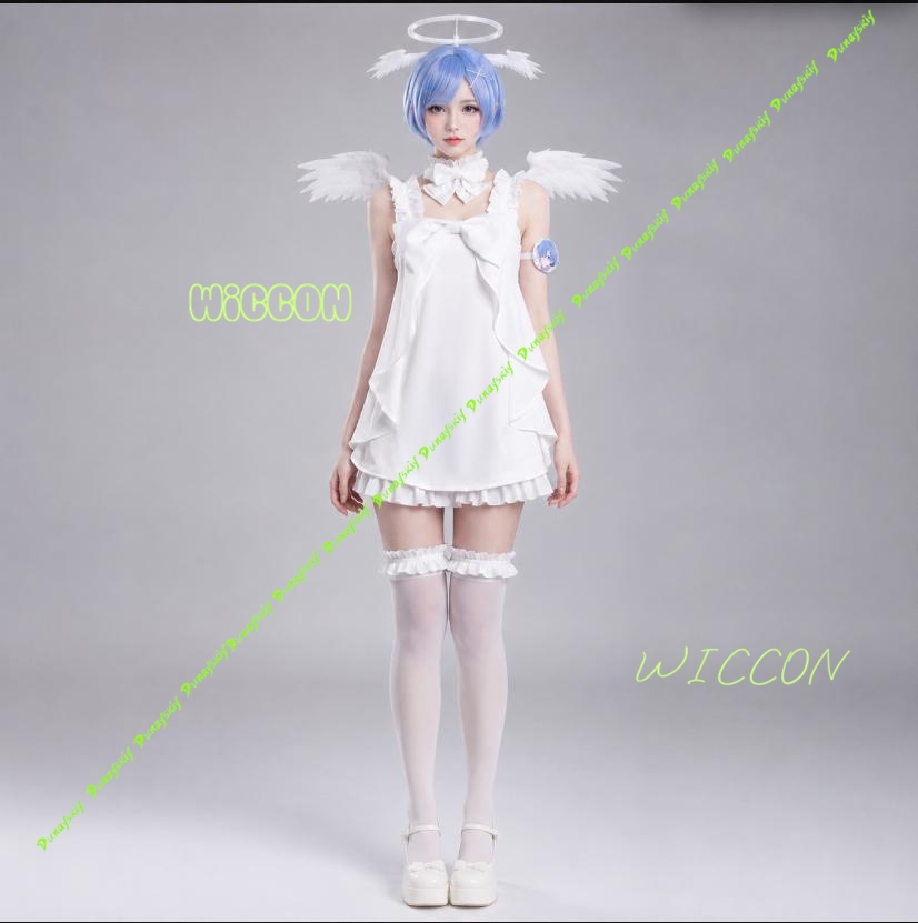 Re Zero Rem Wig - ชุดคอสเพลย์ตัวละคร Re Zero ชุดนอนนางฟ้าสีขาวหวานแหววของรามและเรม พร้อมลูกไม้ระบายและวิกผม เหมาะสำหรับชุดธีมฮาโลวีน