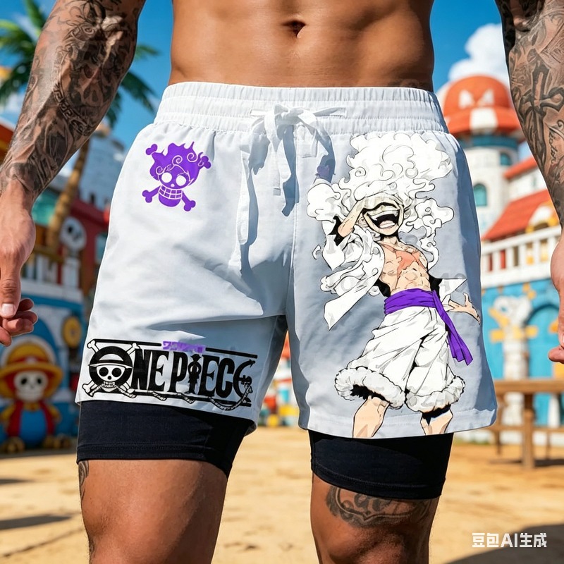 One Piece Straw Hat - กางเกงวิ่งขาสั้นสองชั้นสีขาวลายวันพีซสำหรับผู้ชาย ออกกำลังกาย ดีไซน์หมวกฟาง ผ้าแห้งเร็ว ทรงหลวม