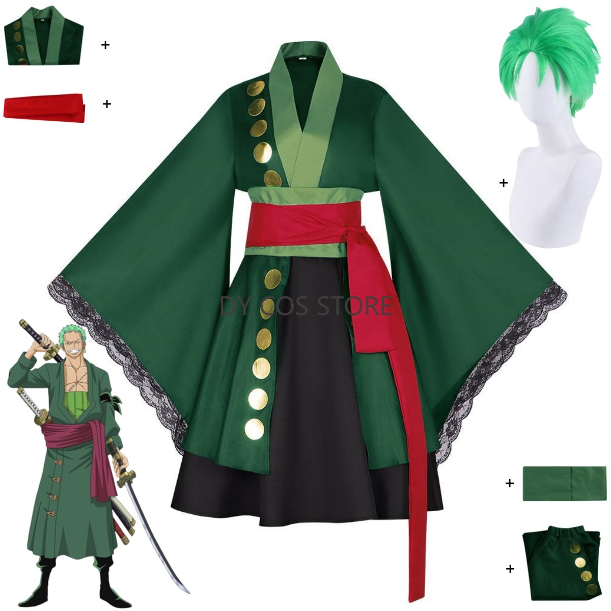 Anime Zoro Cosplay Female - ชุดคอสเพลย์อนิเมะโรโรโนอา โซโล ชุดคอสเพลย์หญิง ประเทศวาโนะคุนิ ชุดกิโมโนญี่ปุ่นสีเขียว กระโปรงโลลิต้า