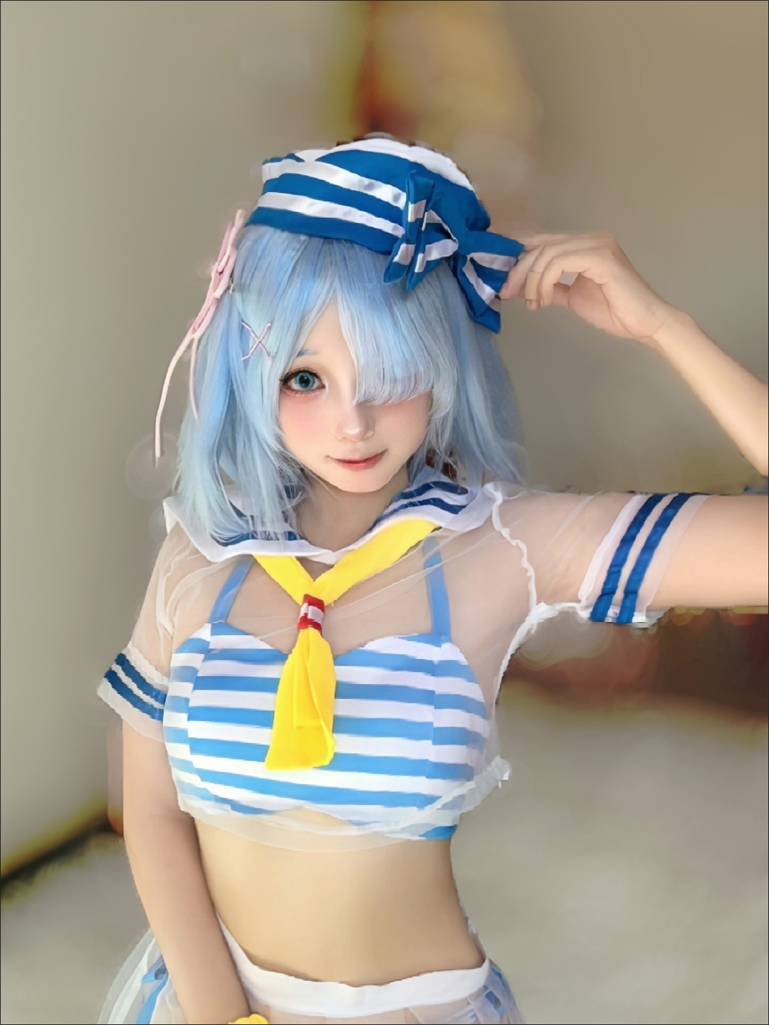 Anime Cosplay Re Zero - ชุดคอสเพลย์เร:ซีโร่ เรม - ชุดว่ายน้ำเซเลอร์น่ารักและชุดว่ายน้ำสำหรับการแสดงบทบาทสมมติในอนิเมะและงานปาร์ตี้ฤดูร้อน