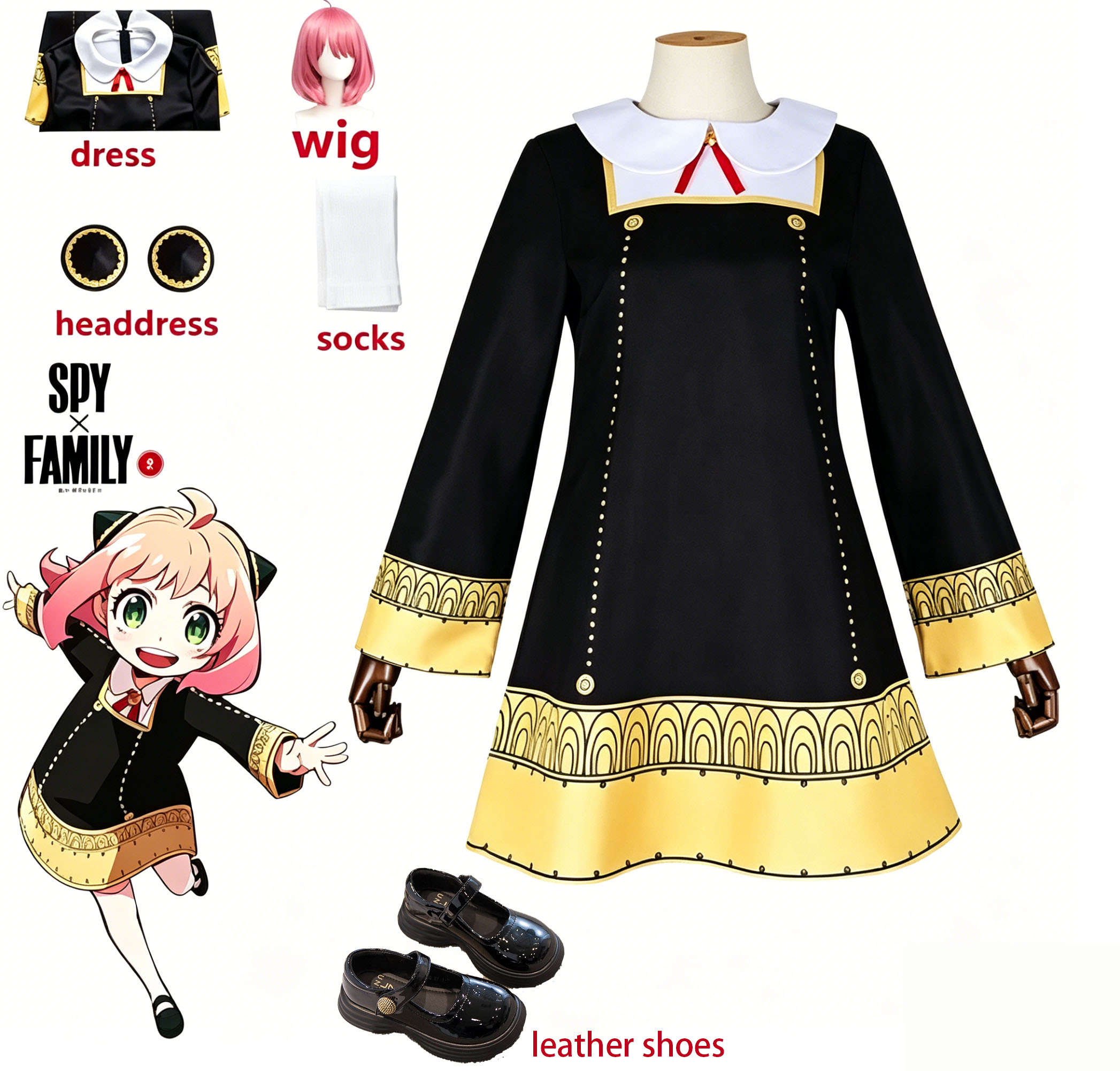Spy Family Outfit - สายลับเอ็กซ์แฟมิลี่ อันยา ฟอร์เกอร์คอสเพลย์เครื่องแต่งกายชุดนักเรียนสีดำชุดวิกผมถุงเท้าผ้าโพกศีรษะรองเท้าชุดเต็มชุดฮาโลวีน